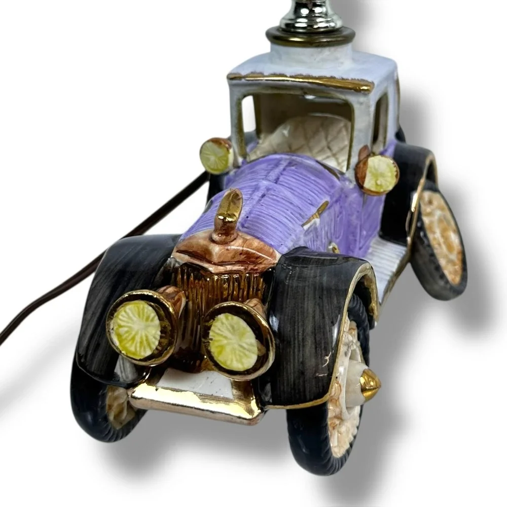 Vintage Ceramic Hand Painted Purple Antique Car Buggy Lamp 